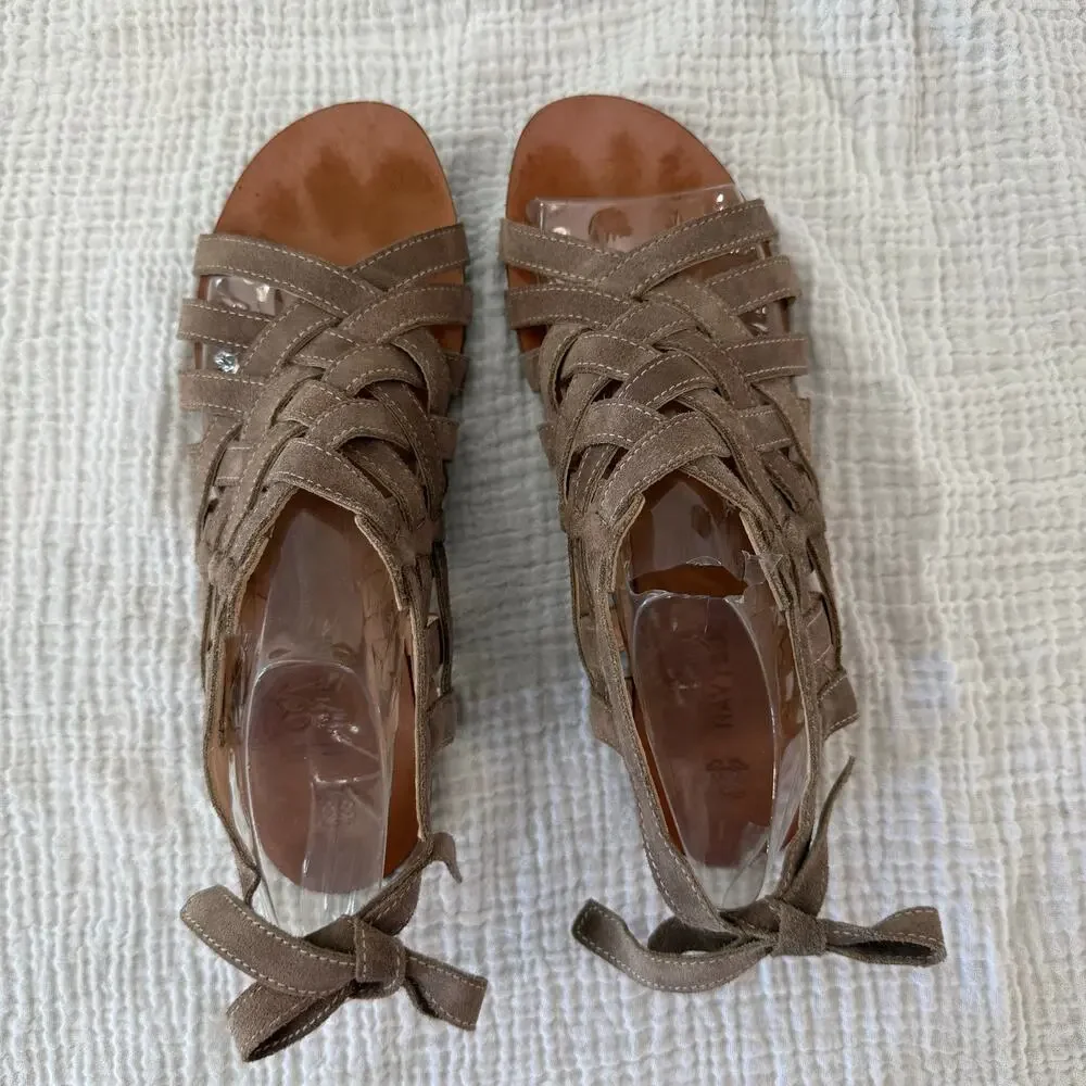 Navyboot Sandals Size 39 Tan Suede Leather Basket Weave Gladiator Ankle Tie